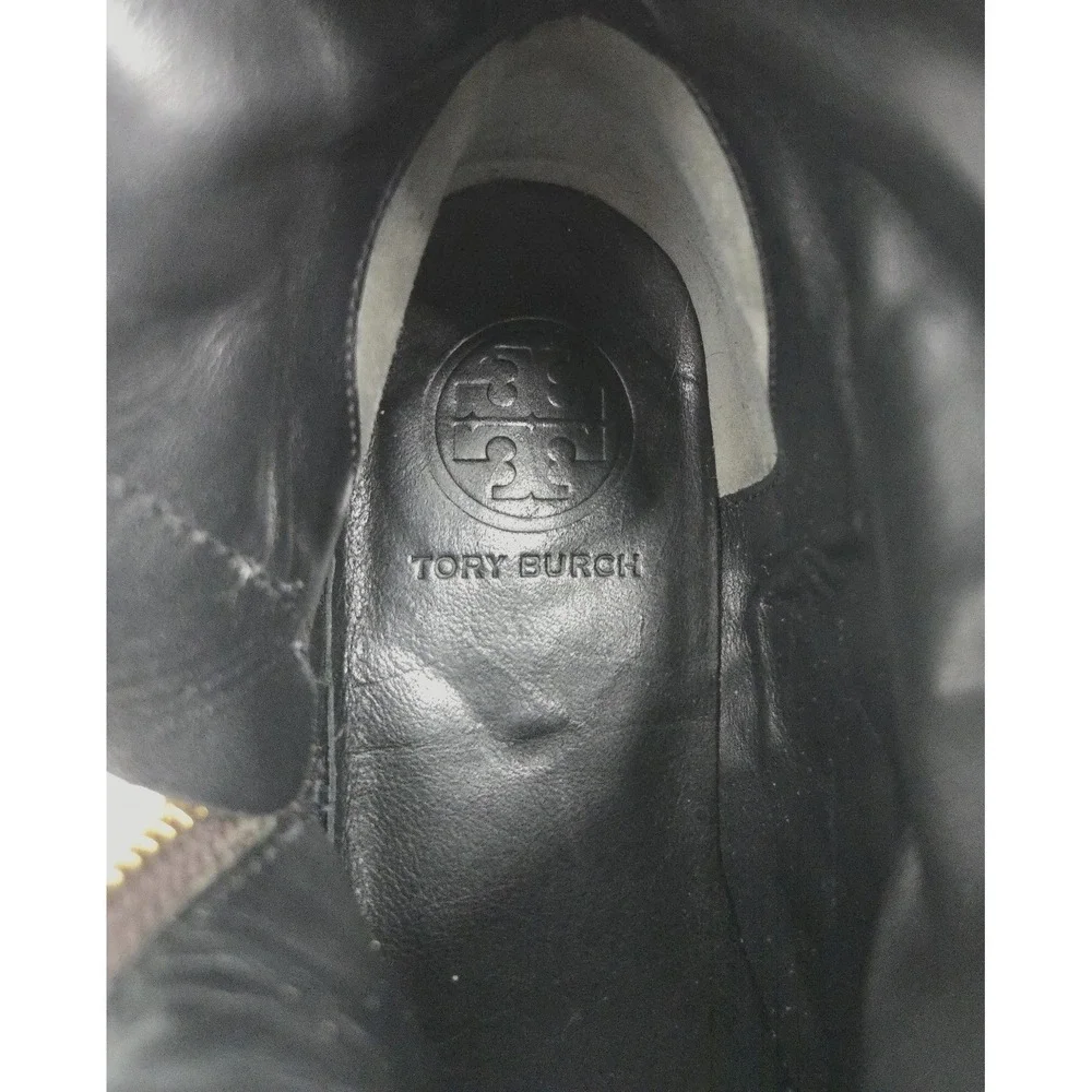 Tory Burch Elyse Moto Boots Women US 8 Chocolate Brown Leather Logo‎ Zip Side